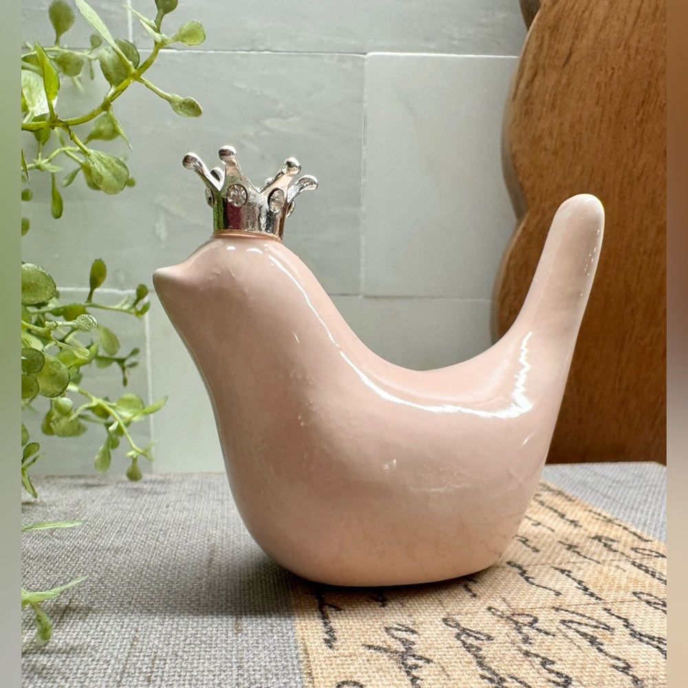 New Small Blush Pink Ceramic Bird w/ Silver Tone Crown Decor Figurine - 2.75”